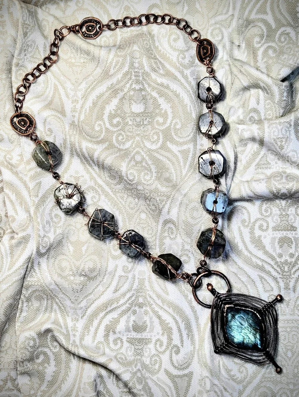 Handmade Natural Wheel Labradorite & Pendant Wire Wrapped Artisan Made Necklace